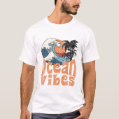 レトロな波と夕日のオーシャンビューズ Tシャツ (正面)
