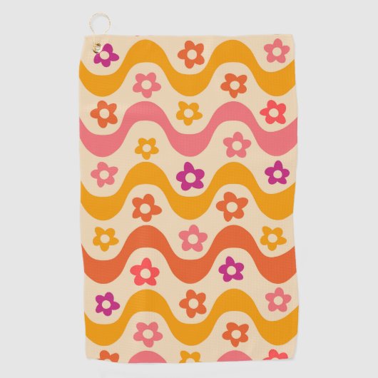 レトロな波模様にキュートなグルービーなお花 ゴルフタオル (正面)