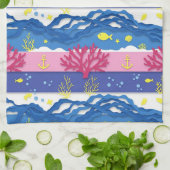 レトロな海の水彩パターン (13) キッチンタオル (折り畳み)