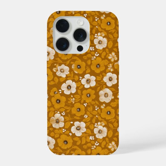 レトロな温かみのある花柄のマスタードフラワーパターン iPhoneケース (裏面)