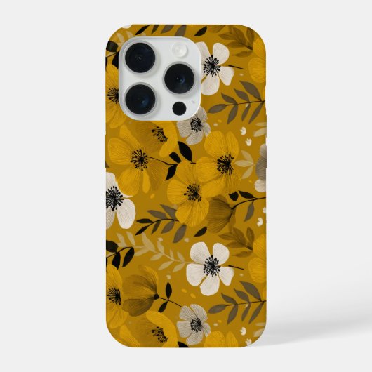 レトロな温かみのある花柄のマスタードフラワーパターン iPhoneケース (裏面)