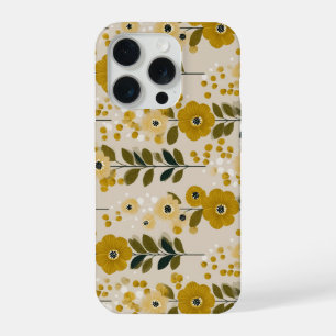 レトロな温かみのある花柄のマスタードフラワーパターン iPhone 15 PROケース