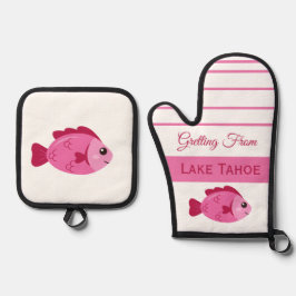 レトロな湖の冒険 ピンクの魚 ヴィンテージデザイン 鍋つかみ&鍋敷きセット