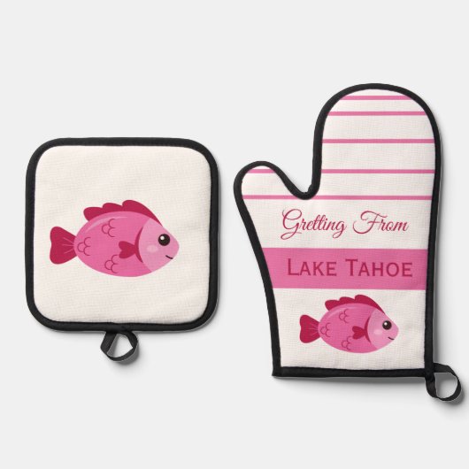 レトロな湖の冒険 ピンクの魚 ヴィンテージデザイン 鍋つかみ&鍋敷きセット (正面)