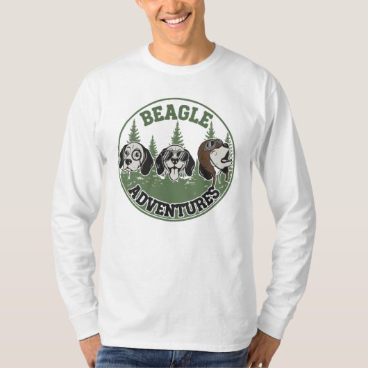 レトロな漫画風ビーグル3匹組デザイン | Funny Beagle Adventures Trio Tシャツ (正面)