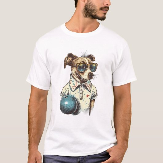 レトロな犬のボウリング Tシャツ (正面)