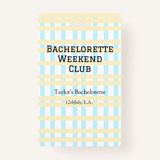 レトロな独身パーティー週末クラブ 青黄色の日付 バッジ (正面)
