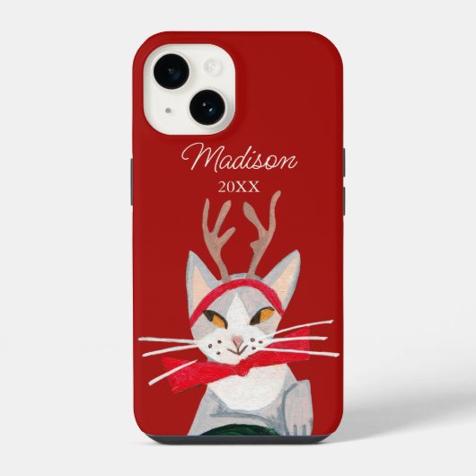 レトロな猫のクリスマス 赤 iPhoneケース (裏面)