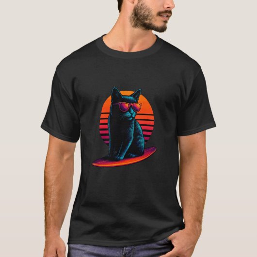 レトロな猫のロングボードの波乗りサーファー Tシャツ (正面)