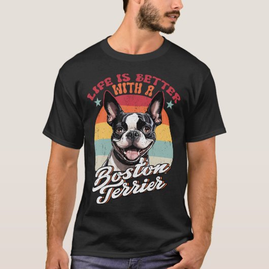 レトロな生活はボストンテリアのママ犬L Tシャツ (正面)