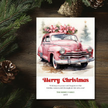 レトロな田舎風クリスマスシーン ピンクの車のグリーティングカード