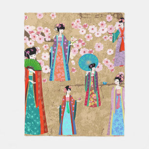 レトロな留学生のオリエンタル中国のガール、 フリースブランケット