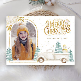 レトロな白いトラックの雪だるまのゴールドのクリスマス写真 シーズンカード