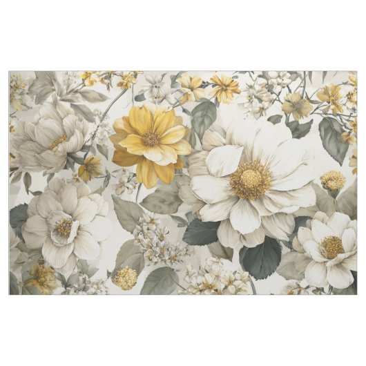 レトロな白と黄色の植物画のヴィンテージフラワー ファブリック (ヤード)