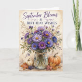 レトロな秋のシオンの花 9月の誕生日 カード (正面)
