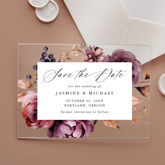 レトロな秋のマルサラフラワーの結婚式Save the Date アクリル招待状