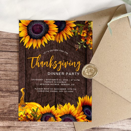 レトロな秋の花とカボチャのサンクスギビングディナー 招待状