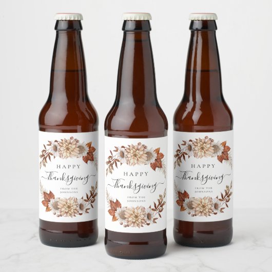 レトロな秋の花とハッピー・サンクスギビング ビールラベル (ボトル)