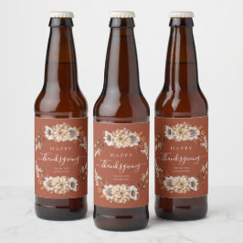 レトロな秋の花と葉 ハッピー・サンクスギビング ビールラベル