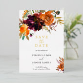 レトロな秋の花のエレガントな結婚式のSave the Date 箔招待状 (立ち正面)