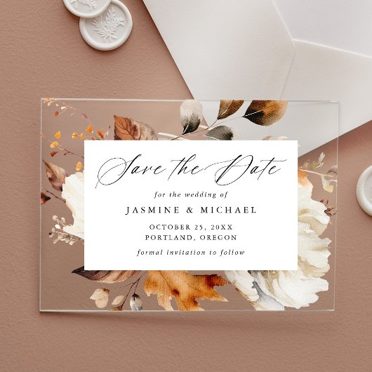 レトロな秋の花のカリグラフィー Save the Date アクリル招待状
