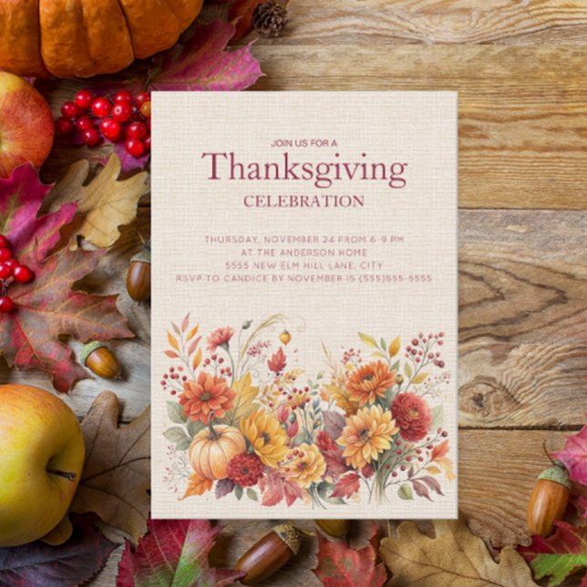 レトロな秋の花柄リネンの感謝祭 (Autumn floral Thanksgiving Dinner invitation)