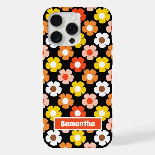 レトロな秋の花柄 ブラック iPhoneケース (裏面)