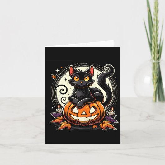 レトロな秋の黒ハロウィン猫の女性用Tシャツ カード (正面)