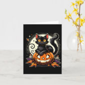 レトロな秋の黒ハロウィン猫の女性用Tシャツ カード (黄色い花)