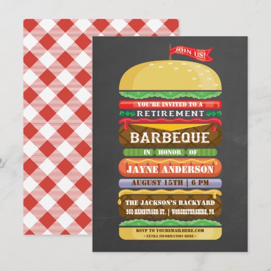 レトロな積み重ねハンバーガー 退職 BBQ 招待状 (正面/裏面)