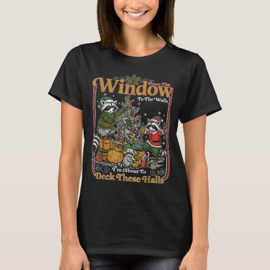 レトロな窓から壁まで面白いアライグマ Tシャツ (正面)