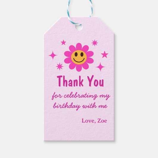 レトロな笑顔のピンクの花の女の子の誕生日ギフトタグ ギフトタグ (正面)