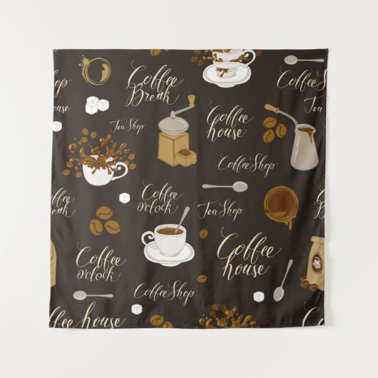 レトロな紅茶やコーヒーテーマの継ぎ目のない模様 タペストリー (正面)