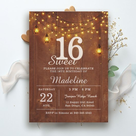 レトロな納屋の木製ストリングライト ランタン Sweet 16 招待状