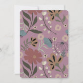 レトロな紫、緑、茶色の花柄、結婚式 招待状 (裏面)