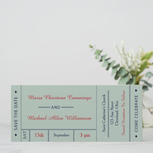 レトロな結婚式のチケット 保存日付のお知らせ 招待状 (スタンド正面)