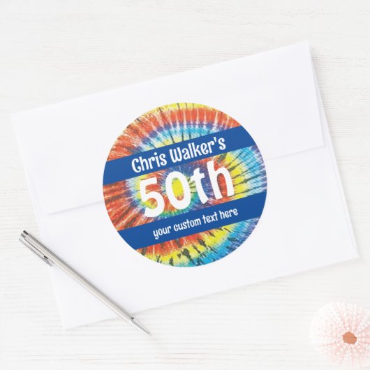 レトロな絞り染めと名前で50歳の誕生日 ラウンドシール (封筒)