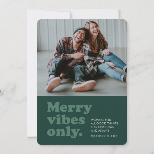 レトロな緑色の写真「Merry vibes only」 シーズンカード (正面)
