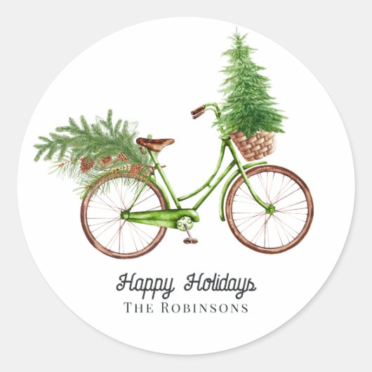 レトロな自転車のクリスマスツリーと松のホリデー ラウンドシール (正面)