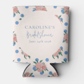 レトロな芍薬の花のブルーのドット柄 ブライダルシャワー カスタム 缶クーラー (正面)