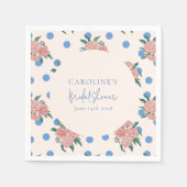 レトロな芍薬の花の青い水玉模様のウェディングシャワーのカスタム スタンダードカクテルナプキン (正面)