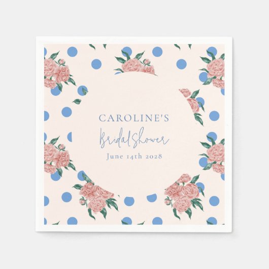 レトロな芍薬の花の青い水玉模様のウェディングシャワーのカスタム スタンダードカクテルナプキン (正面)