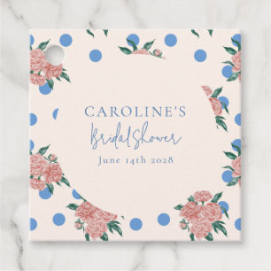 レトロな芍薬の花の青い水玉模様のウェディングシャワーのカスタム フェイバータグ