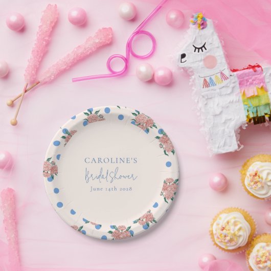 レトロな芍薬の花の青い水玉模様のウェディングシャワーのカスタム ペーパープレート (パーティー)