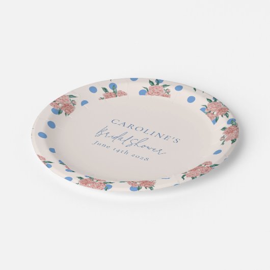 レトロな芍薬の花の青い水玉模様のウェディングシャワーのカスタム ペーパープレート (アングル)