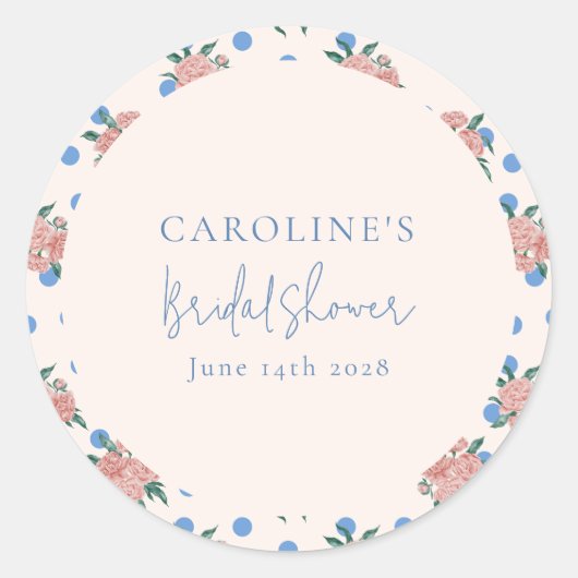 レトロな芍薬の花の青い水玉模様のウェディングシャワー カスタム ラウンドシール (正面)
