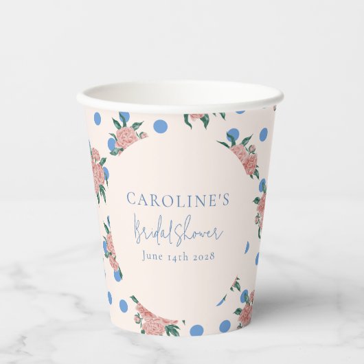 レトロな芍薬の花の青い水玉模様のウェディングシャワー カスタム 紙コップ (正面)