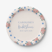 レトロな芍薬の花の青い水玉模様のカスタム ブライダルシャワー ペーパープレート (正面)