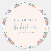 レトロな芍薬の花の青い水玉模様のカスタム ブライダルシャワー ラウンドシール (正面)