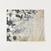 レトロな花とカリグラフィー - 古びた茶色の紙 1 タペストリー (正面(横))